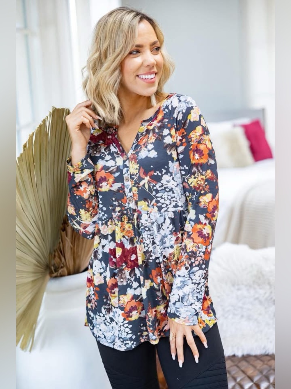 NWT Heimish USA Dark Floral Button Front Long Sleeve Peplum Blouse size 2X